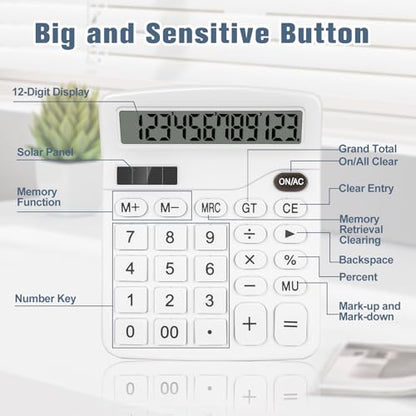 Desktop Calculator, White Calculator Big Buttons, 12-Digits - color: White