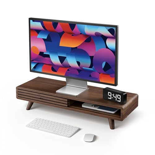 Tinamo 24" Wooden Monitor Stand Riser with Storage Organizer, Walnut Color | Acacia Wood, Sliding Door, Cable Management, Fits up to 32" Monitors, Multi-purpose Storage, Used for Computer, Laptop, TV - color: Walnut