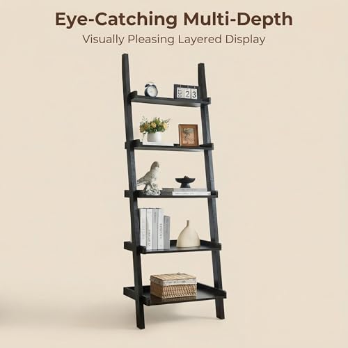 5 Tier Ladder Bookshelf, Black Leaning Bookcase for Home | Layered shelves with raised side lips help style books, plants, baskets, and decor in living rooms, bedrooms, or offices.
