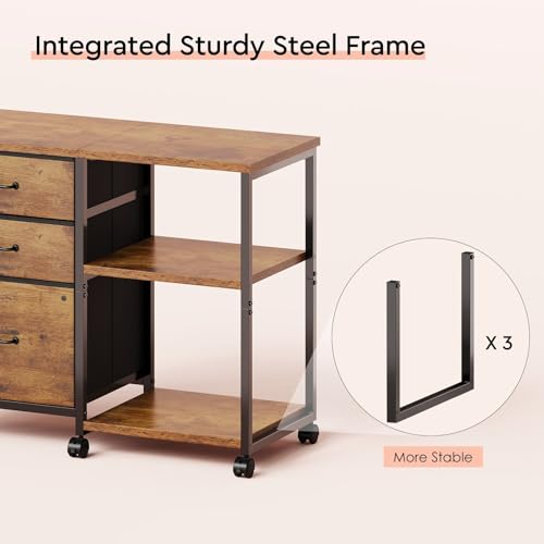 Maihail 3 Drawer File Cabinet with Wheels with Open Storage Shelf - color: Rustic Brown Top+brown Drawer