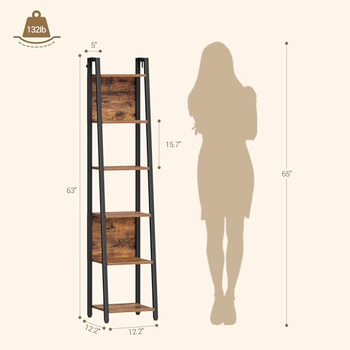 Hzuaneri Ladder Shelf, 6 Tier Narrow Bookshelf with 2 Back Panels | Corner Storage shelf with 2 Hooks, for Home Office, Living room and Bedroom, 12.2"D x 12.2"W x 63"H, Rustic Brown BC31601B - size: 12.2"D x 12.2"W x 63"H