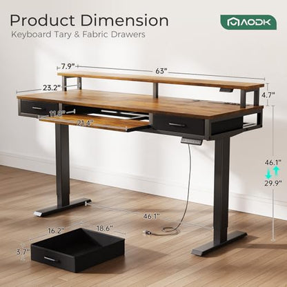 AODK 63 Inch Standing Desk with Drawers & Keyboard Tray, Rustic Brown - color: Rustic Brown, size: 63 Inch