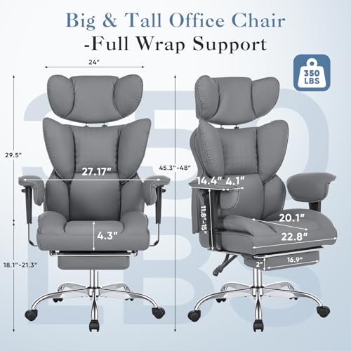 DUMOS Big and Tall Home Office Desk Chair, Executive Chair with Footrest - color: Grey, size: Adjustable Armrest