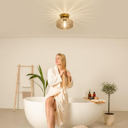 Tbaoinal Semi Flush Mount Ceiling Light with Diamond Glass Shade, 36-Faceted Panels Create Starburst Effect, 1200LM LED Bulb Included Brushed Gold Finish Ideal for Hallway Entryway Kitchen Bathroom - color: Gold Brass