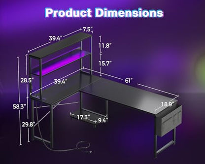 AODK L Shaped Desk Gaming Desk with LED Light & Power Outlet - color: Black, size: 61 Inch
