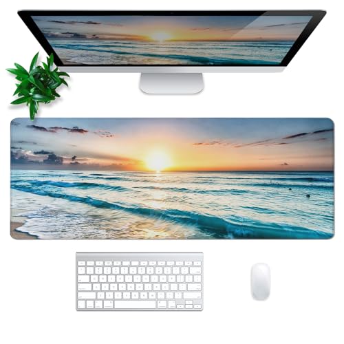 Sunrise Beach Mouse Pad Abstract Sea Mouse Pad 31.5x11.8 Inch Japanese Texture Non-Slip Rubber Base Large Mousepad Stitched Edges Keyboard Mouse Mat Desk Pad for Office and Home - color: Sunrise Beach