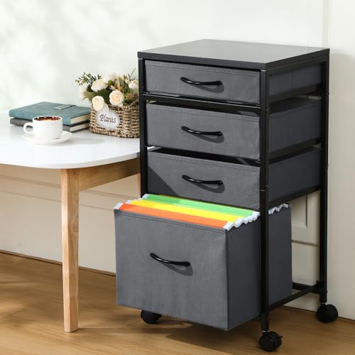 Chunful 4 Drawer Rolling File Cabinet Mobile Printer Stand Metal Cart with Fabric Vertical Filing Chest Wheels A4 Letter Size Under Desk Utility Craft Storage Organizer for Home Office School(Grey) - color: Grey