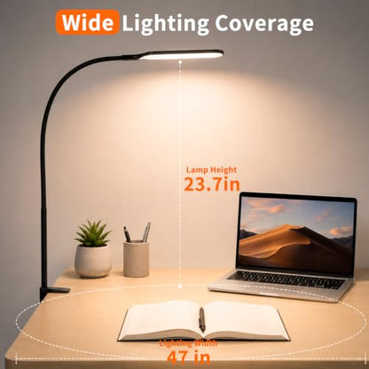 Long Gooseneck LED Clamp Desk Lamp, Eye-Caring Reading Light | Dimmable Clip on Lamp, 800LM, 3 Colors and 10 Modes, for Office Home Task