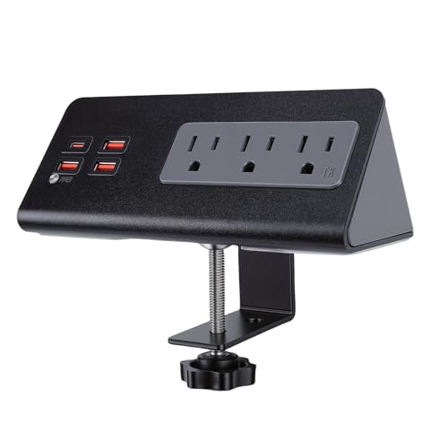 Cryfokt Desk Clamp Power Strip, 3 AC Outlets 3 USB A Ports 1 PD 20W USB C Port, Triangular Structure with Detachable Clamp Bracket, for Home Office Bedside Dormitory (US Plug)