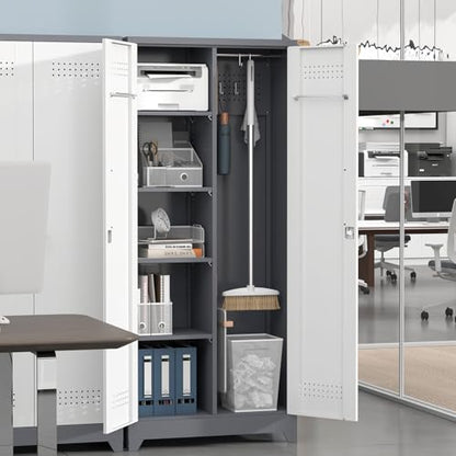 Metal Storage Cabinets with Doors and Shelves,Tall Broom Closet Storage Cabinet with Pegboard,Utility Tool Cabinets,Steel Locking Cabinets for Home Office,Basement,Laundry,Grey-White - size: 72"H x 31.5"W x 15.74"D-Grey/white