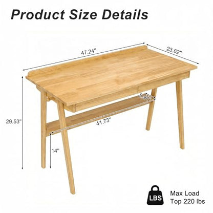 KEIKI Solid Wood Writing Desk with Drawers, 47" Computer Desk with Shelf for Home Office Work, Study, Natural - color: Natural W/Shelf