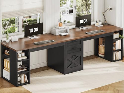 SEDETA Farmhouse 96.5" 2 Person Home Office Desk with Drawers | Gaming Desk with Storage, Double Computer Desk with Storage Drawers, Long Two Person Writing Desk, Black - color: Black