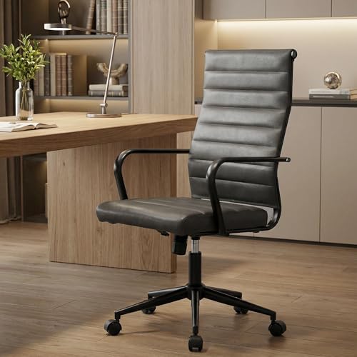Okeysen Genuine Leather Office Desk Chair, Mid-Century Modern Real Leather Conference Room Chairs, Ergonomic Executive Ribbed Height Adjustable Swivel Rolling Chair for Home Office. - color: Dark Grey