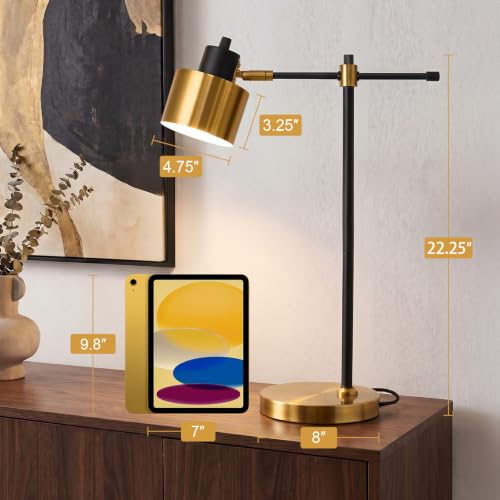 22.2" Modern Desk Lamp, Metal Table Lamp with LED Bulb, Adjustable Reading Lamps for Living Room, Mid Century Task Lamp for Home Office, Industrial Bedside Lamps with Solid Base,Black and Gold - color: Black and Gold