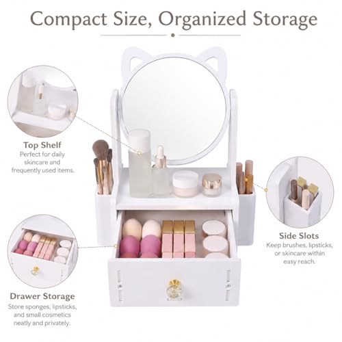 Desktop Makeup Mirror Organizer with Drawers, Compact Vanity Storage Box, Round Mirror, Cosmetic, Skincare and Jewelry