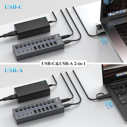 Powered USB Hub, 10-Port USB C Hub with 6 USB-A 3.2, 4 USB-C 3.2 Ports - color: Gery