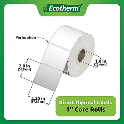 2.25" x 2" Thermal Labels | 4 Rolls | 2940 Labels | fits Zebra, Munbyn, Rollo, Godex, Arkscan, iDPRT, Offnova Thermal Label Printers and More | Blank White Adhesive Stickers by Ecotherm - size: 2.25 x 2 - 2940 Labels