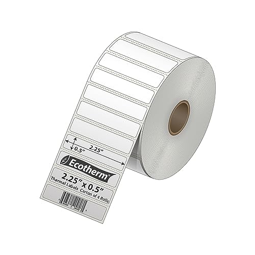2.25" x .5" Thermal Labels | 4 Rolls | 13840 Labels | fits Zebra, Munbyn, Rollo, Godex, Arkscan, iDPRT, Offnova Thermal Label Printers and More | Blank White Adhesive Stickers by Ecotherm - size: 2.25 x .5 White - 13840 Labels
