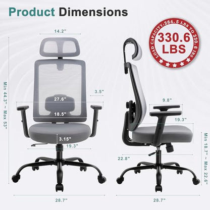 Shintenchi Mesh Office Chair, Ergonomic Home Office Desk Chair with Adjustable Lumbar Support, Headrest, 90°-135° Tilt, Computer Chair for Home Office, Gray Task Chair