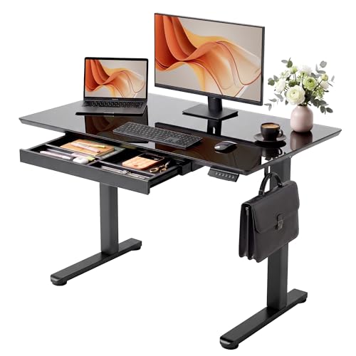 YDN Glass Standing Desk with Drawers 48x24 Inch Black - color: Black, size: 48 Inch