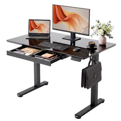 YDN Glass Standing Desk with Drawers 48x24 Inch Black - color: Black, size: 48 Inch