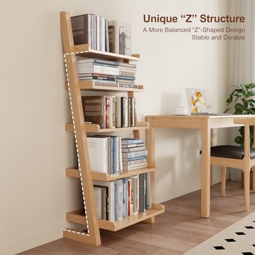 AQIMUELE Wooden Ladder Shelf with Edges, 5-Tier Modern Leaning Bookshelf Ladder – Stylish Space-Saving Bookcase for Living Room, Bedroom & Home Office - color: Natural, size: 5-Tier