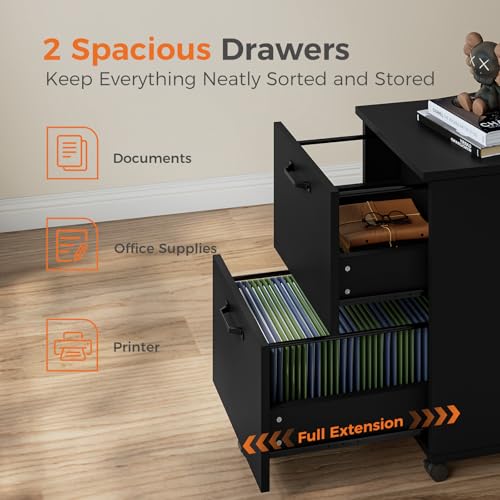 Sweetcrispy 2 Drawer Filing Cabinet Black, Rolling Wood File Cabinets with Printer Stand Under Desk Storage Lockable Wheels, Home Office Organizer