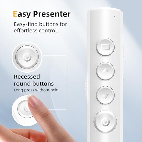 Wireless Presentation Clicker for Powerpoint Slideshow, Office/Classroom PPT Remote Presenter Pointer Slide Advancer with USB Receiver for Computer/MacBook Laptop/PC White Red Light