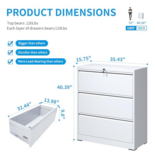 Industrial 36" W Premium Lateral File Cabinet with Lock, Metal Filing Cabinets, Adjustable Hangrails for A4, Legal, Letter Files, White - color: White, size: W36" - 3 Drawers