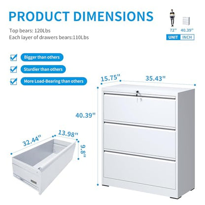 Industrial 36" W Premium Lateral File Cabinet with Lock, Metal Filing Cabinets, Adjustable Hangrails for A4, Legal, Letter Files, White - color: White, size: W36" - 3 Drawers