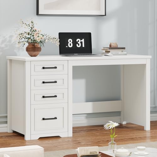 Vabches Farmhouse 49” Executive Desk with File Drawer, Cream White | 4 Drawers Reversible Computer Desk with Storage, Rustic Home Writing Workstation for Home Office - color: 49in Cream White