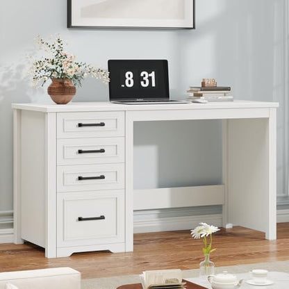 Vabches Farmhouse 49” Executive Desk with File Drawer, Cream White | 4 Drawers Reversible Computer Desk with Storage, Rustic Home Writing Workstation for Home Office - color: 49in Cream White