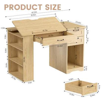 Drafting Table with Storage Cabinet & Drawers, Adjustable Drawing Desk with Open Shelves, Craft Table Painting Desk for Artists, Painters, Drawing, Crafting, Reading, Writing, Working - color: Oak