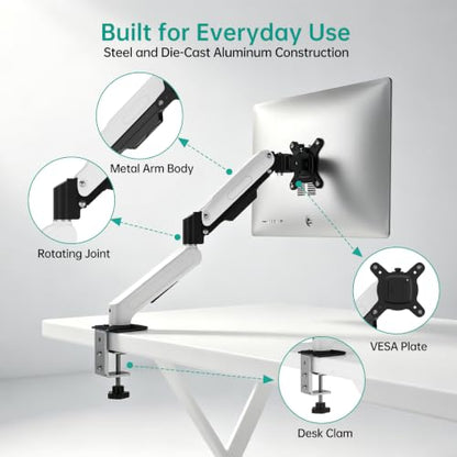 MT-VIKI Single Monitor Arm for 17"-32" Monitors, Gas Spring Adjustable Desk Mount, Quick Release VESA Plate, Full Motion with Cable Management, Clamp & Grommet Base, Supports 4.4–19.8 lbs, White - size: Single Arm