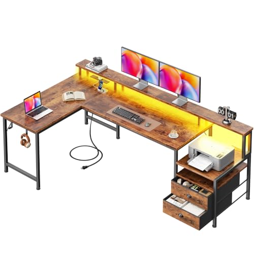 Korfile 57'' L Shaped Computer Desk with Storage Drawers, Power Outlet, LED - color: Rustic Brown, size: Medium: 57 inches