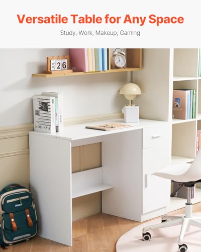 VEVOR Small Desk with Drawer, Kids Desk for Bedroom, Wooden Simple Study Table for Drawing, Reading, Writing, Rectangle MDF Study Storage Table with Adjustable Shelf for Home, Office, White - size: 41.34"D x 17.32"W x 29.57"H
