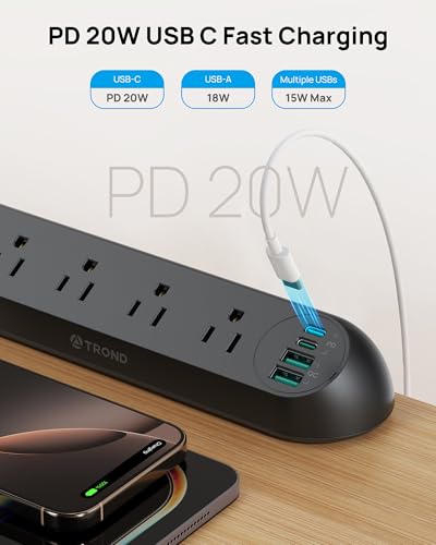 TROND Surge Protector Power Strip 10ft, 4000J + Desk Clamp Power Strip USB C, Surge Protector with 4 AC Outlets 4 USB Ports