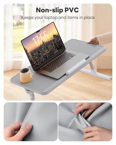 SAIJI Non-Slip Leather Laptop Bed Tray Table,Lap Desk with Laptop Stopper - color: Gray, size: Large