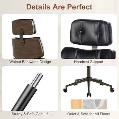 Mid-Century Modern Ergonomic Office Chair, High Back Headrest, Black | Faux Leather Executive Desk Chair, Walnut Bentwood & Adjustable Headrest, Swivel Computer Chair for Home Office, 300LBS Cap - color: Black, size: High Back Style