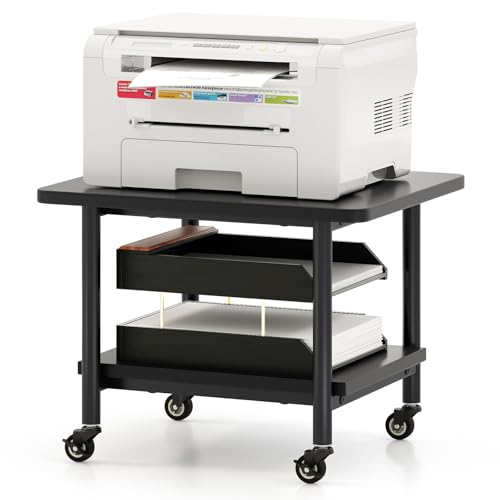 GOFLAME Under Desk Printer Stand, 2-Tier Mobile Printer Table with Storage Shelf, Metal Frame, Rolling Printer Cart Holder Storage Rack with Lockable Wheels for Home Office, Black - color: Black