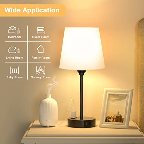 White Bedside Lamps Set 2 for Bedroom - Dimmable Touch, USB C+A, AC Outlet | 14.5" Mini Lamp, 3-Way Dimmable, LED Bulbs Included, White Barrel Fabric Lampshade, Nightstand Light for Guest Room, Kids - color: White