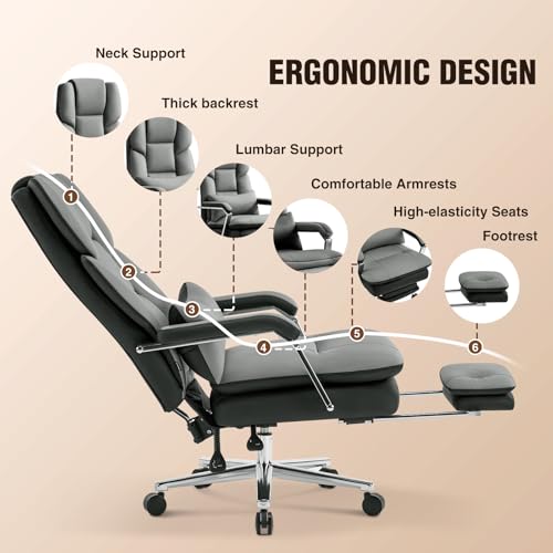 Furniliving Big and Tall Office Chair with Footrest, PU Leather High Back Executive Office Chair with Adjustable Lumbar Support, Wide Seat Reclining Desk Chair with Armrest, Height Adjustment, Grey