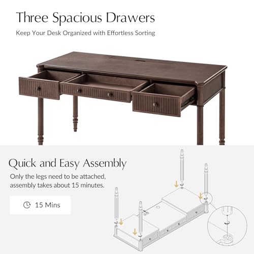 HULALA HOME 60 Inches Fluted Writing Desk with Charging Station, Walnut - color: Walnut
