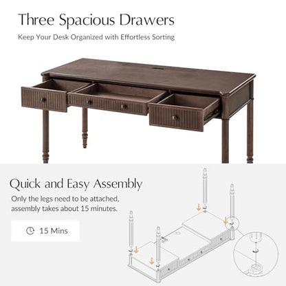 HULALA HOME 60 Inches Fluted Writing Desk with Charging Station, Walnut - color: Walnut