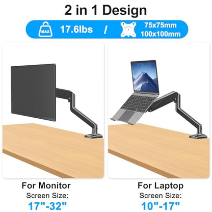 Laptop Stand Desk Mount, 2 in 1 Function, Single Monitor Mount | Fits Max 17" Notebook and 32" Computer Screen, Gas Spring Arm with Laptop Tray, Holds up to 17.6lbs - style: Laptop Desk Mount