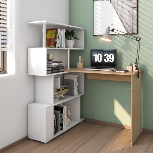 Mondeer 41.7" L-Shaped Desk with 4-Tier Shelves for Home Office - color: White and Wood