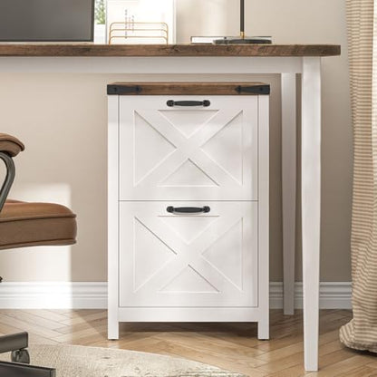 Halitaa Farmhouse File Cabinet with 2 Drawers for Home Office, Rustic White | Vertical Filing Cabinet Fits Letter and A4 Size, Farmhouse Printer Stand, Under Desk Wooden File Cabinet - color: Rustic White