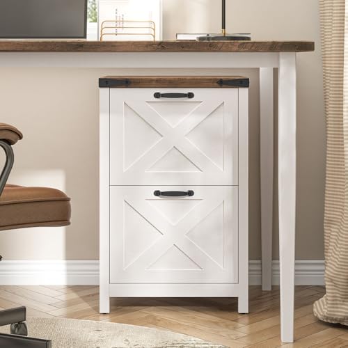 Halitaa Farmhouse File Cabinet with 2 Drawers for Home Office, Rustic White | Vertical Filing Cabinet Fits Letter and A4 Size, Farmhouse Printer Stand, Under Desk Wooden File Cabinet - color: Rustic White