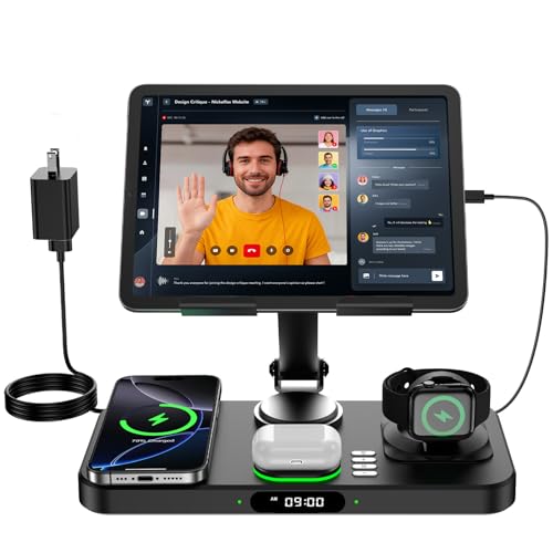 6 in 1 Wireless Charger for Apple Multiple Devices, Charging Station with Clock &7 Color Ambient Light, Foldable Rotate Stand for iPad, for iPhone18/17/16/15, Support for Apple Watch12/11 For AirPods5 - color: Jet Black