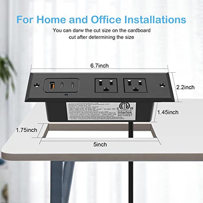 CCCEI Recessed Power Strip with Two USB-C Ports, Fast Charging USB A Port Desk Outlet, Black Furniture Hidden Charging Station for Side Table, End Table, with 6 FT 45 Degree Flat Plug Extension Cord. - size: 6FT, style: 20W USB-C